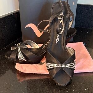 *Nina Black Rhinestone Satin Slingback Heels Sandals Dressy Prom Wedding Summer